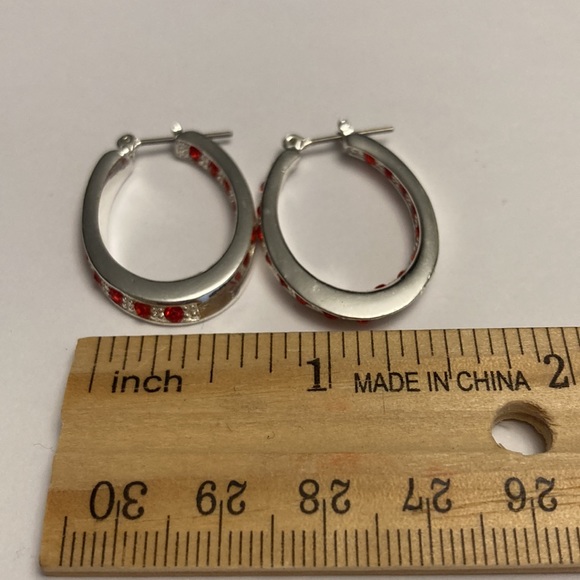 Silver Tone Hoop Earrings with Red Accents - Picture 14 of 15